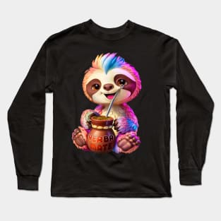 Cute Sloth: Kawaii Girl Yerba Mate Tea Lover with Food Lover Bombilla Long Sleeve T-Shirt